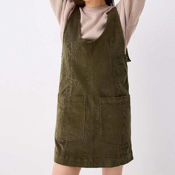 Patch pocket corduroy apron dress khaki olive green - Picture 3 of 3
